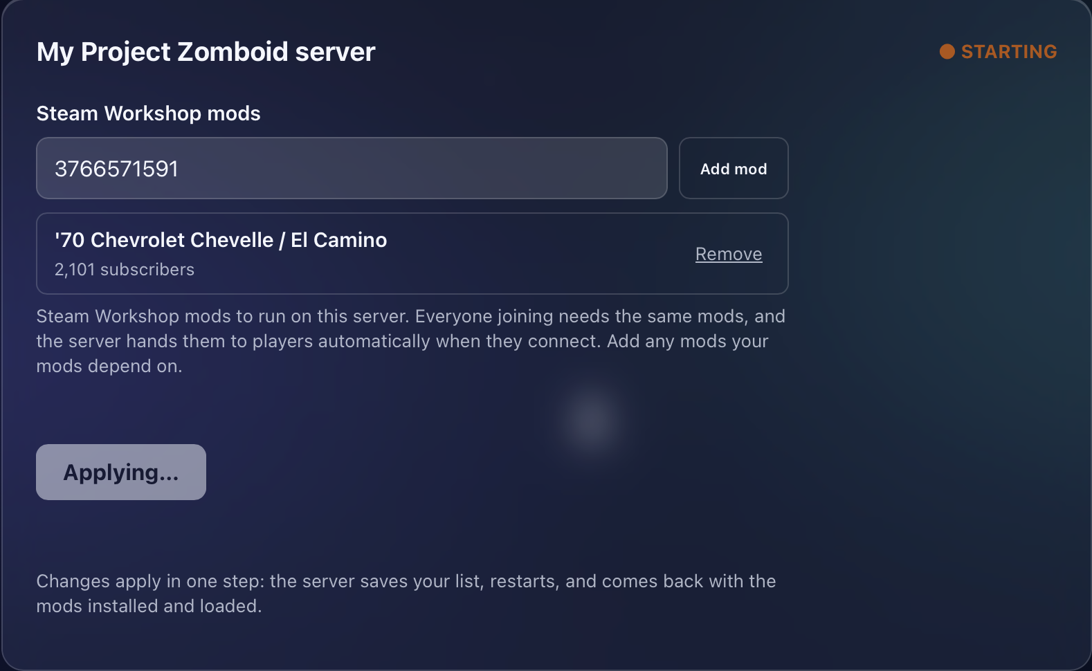 GHosting Project Zomboid Mods tab showing a Steam Workshop mod being added and applied