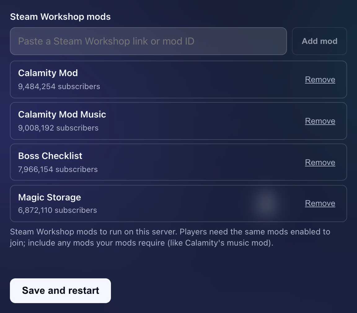 The Mods tab on a GHosting tModLoader server: a paste field, the mod list with subscriber counts, and the Save and restart button