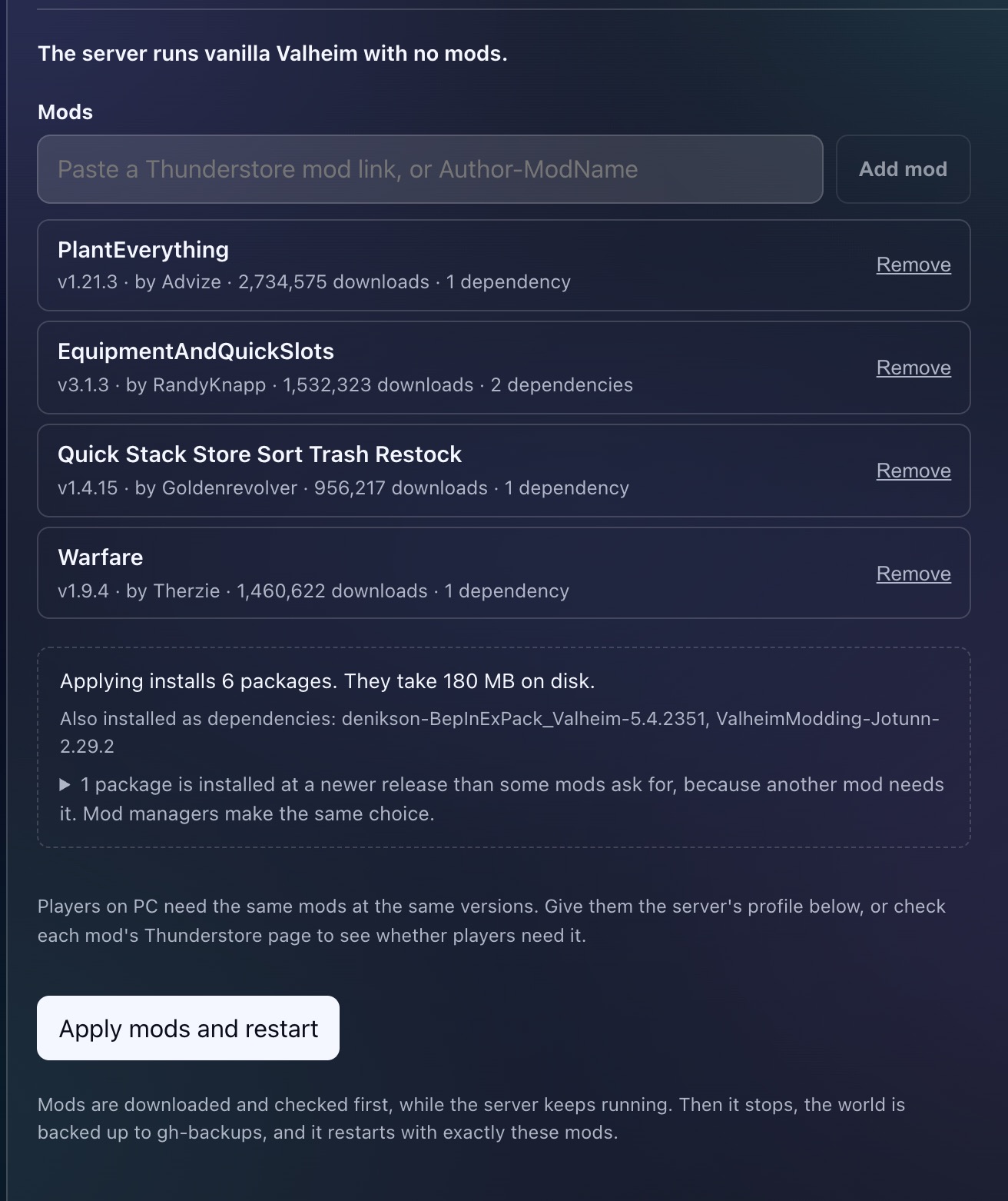 The Mods tab on a GHosting Valheim server: four Thunderstore mods with their versions and download counts, and a preview saying applying installs 6 packages that take 180 MB on disk