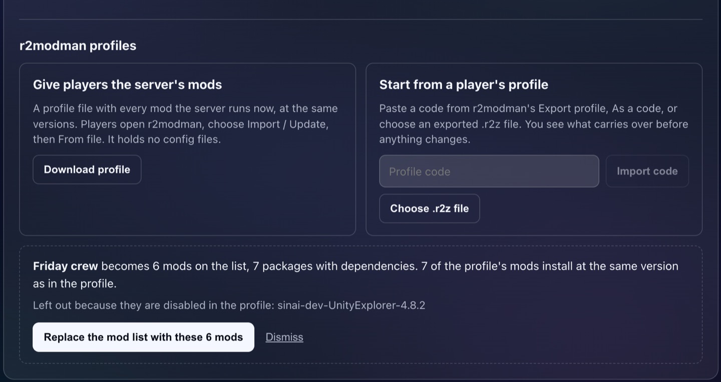 The r2modman profiles panel: a profile called Friday crew becomes 6 mods on the list, 7 packages with dependencies, with one disabled mod left out