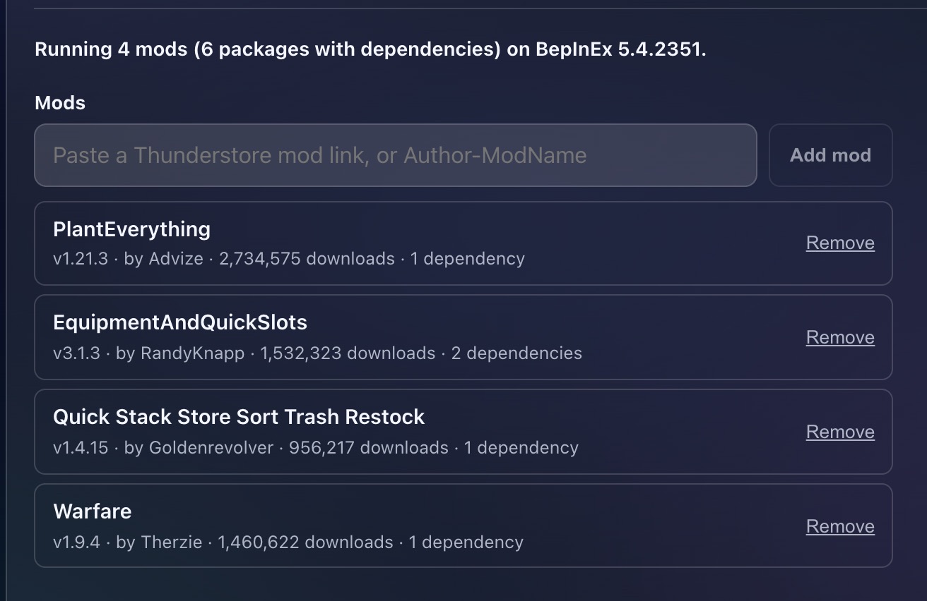 The Mods tab after applying: running 4 mods, 6 packages with dependencies, on BepInEx 5.4.2351