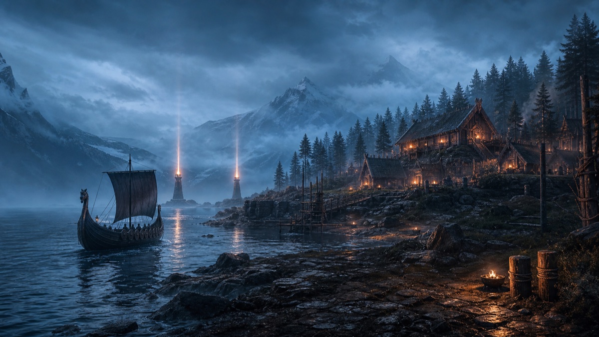 A Viking longship approaching a lit Nordic settlement between two signal beacons