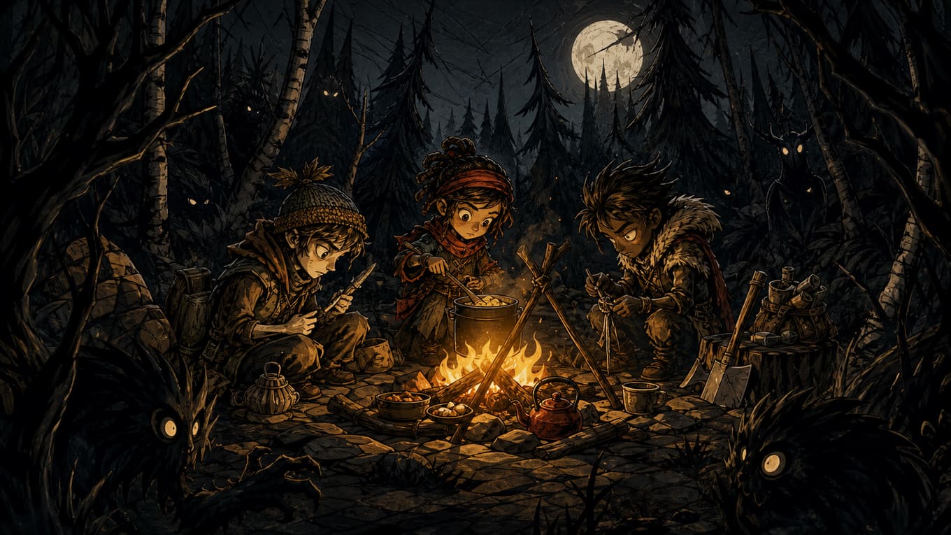 Three original wilderness survivors preparing food around a campfire as shadow creatures watch from a dark forest