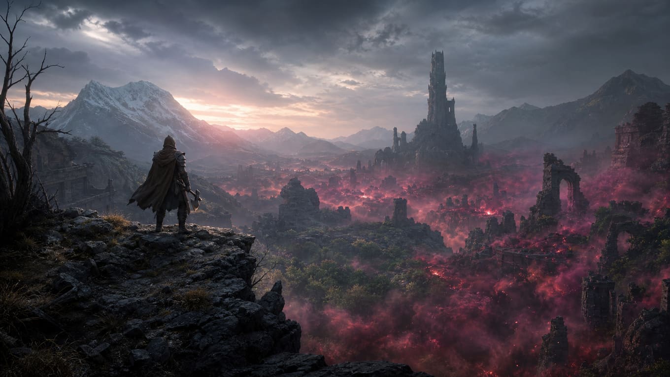 An adventurer looking over an Enshrouded world while diagnosing a dedicated server connection