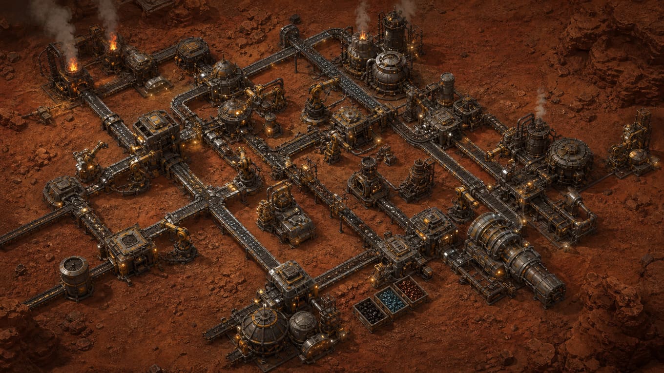 Original top-down industrial factory with branching conveyors