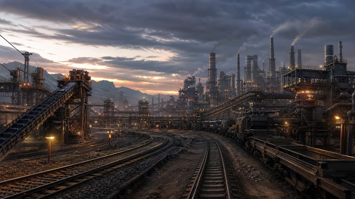 Original industrial rail network running into a dense megafactory