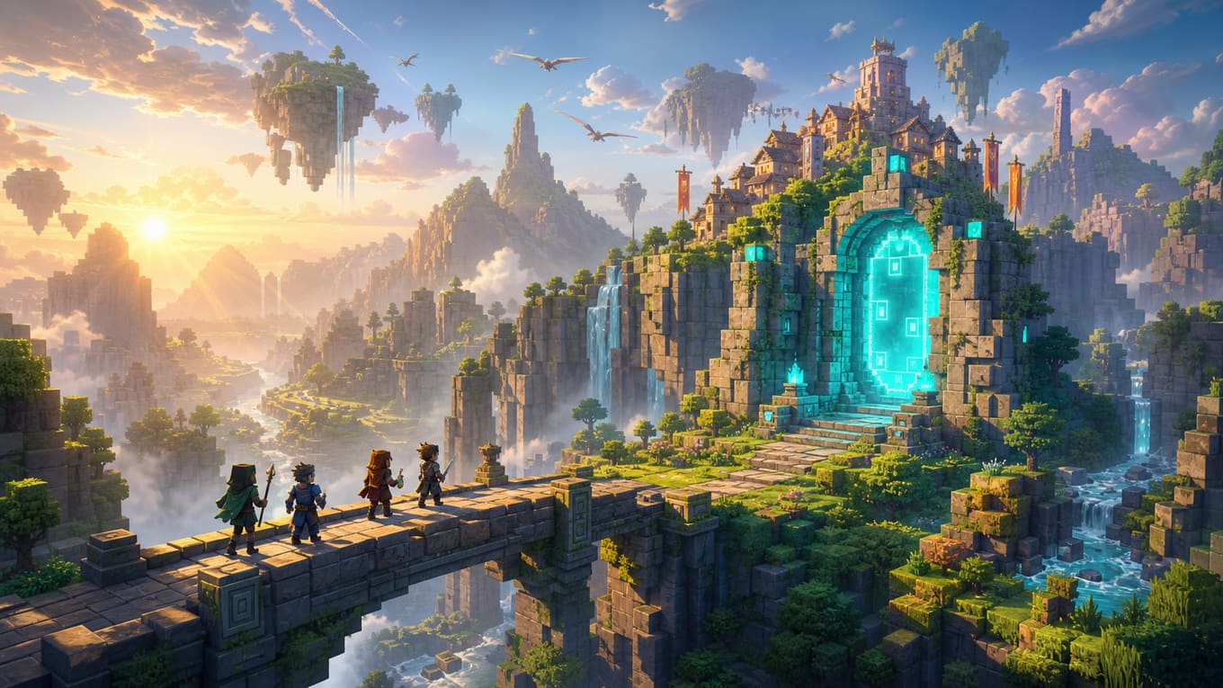 Adventurers crossing a stone bridge toward a luminous fantasy ruin