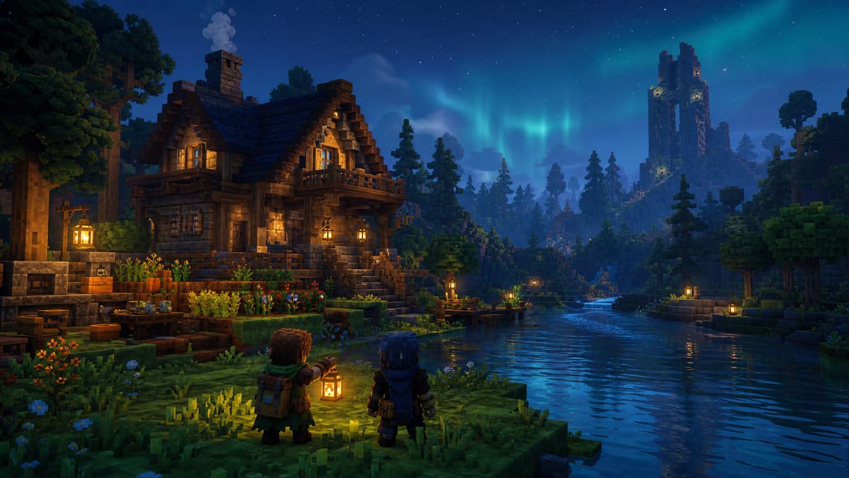 A persistent block-built fantasy homestead beside a river at night