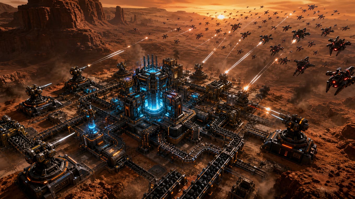 A defended desert factory under attack on a Mindustry dedicated server