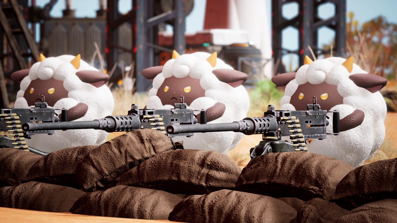 Three Lamballs manning mounted guns behind sandbags, defending a Palworld base