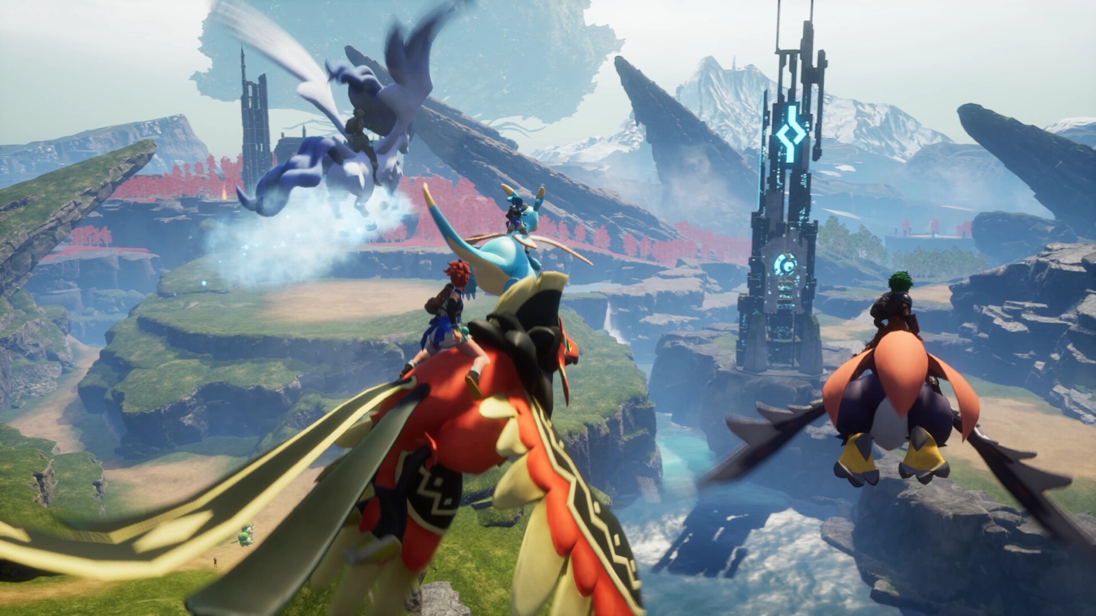 Four Palworld players riding flying Pals across an island world on a shared dedicated server