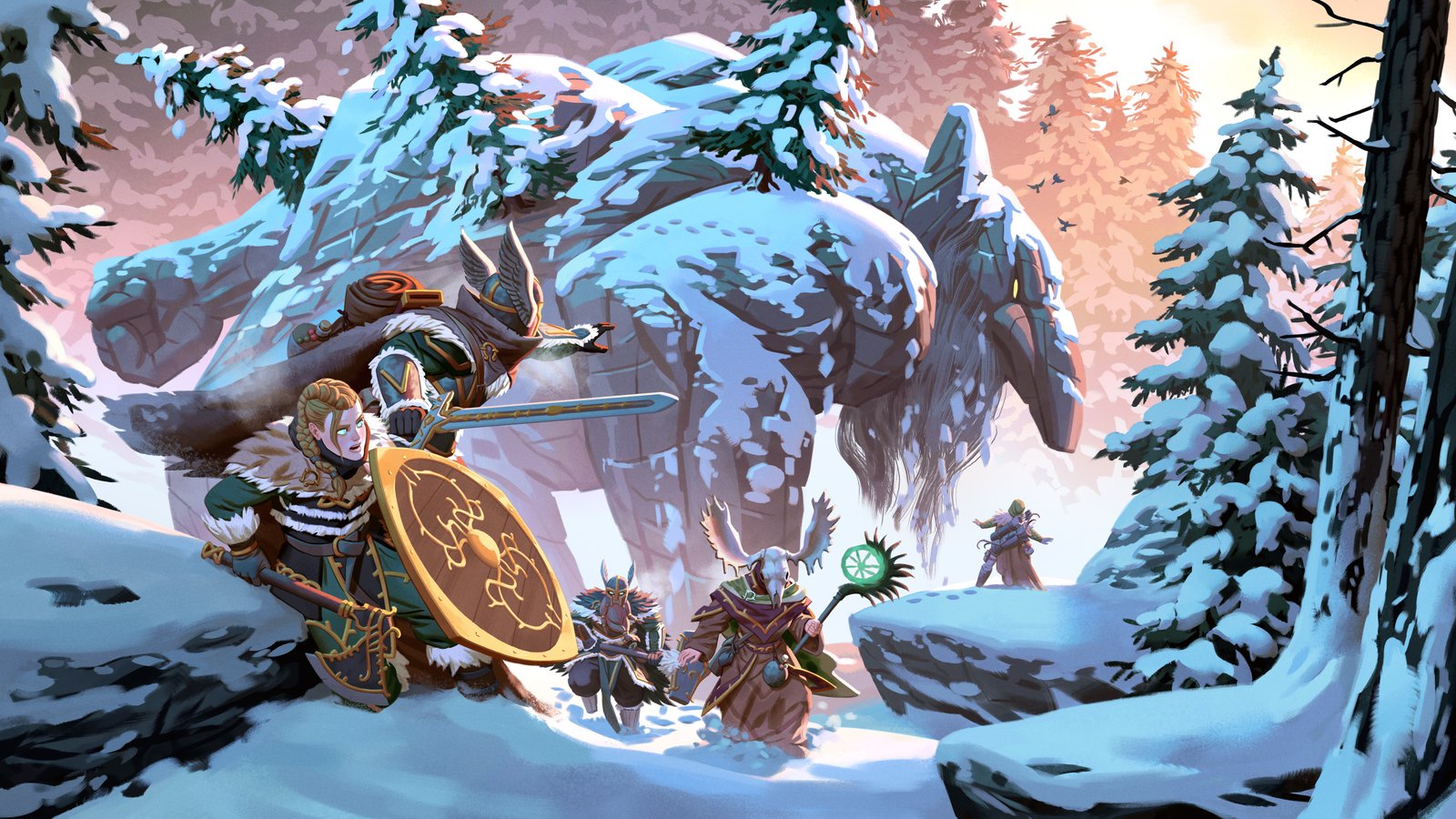 Official Valheim 1.0 artwork showing Vikings facing a giant creature in the snowy Deep North